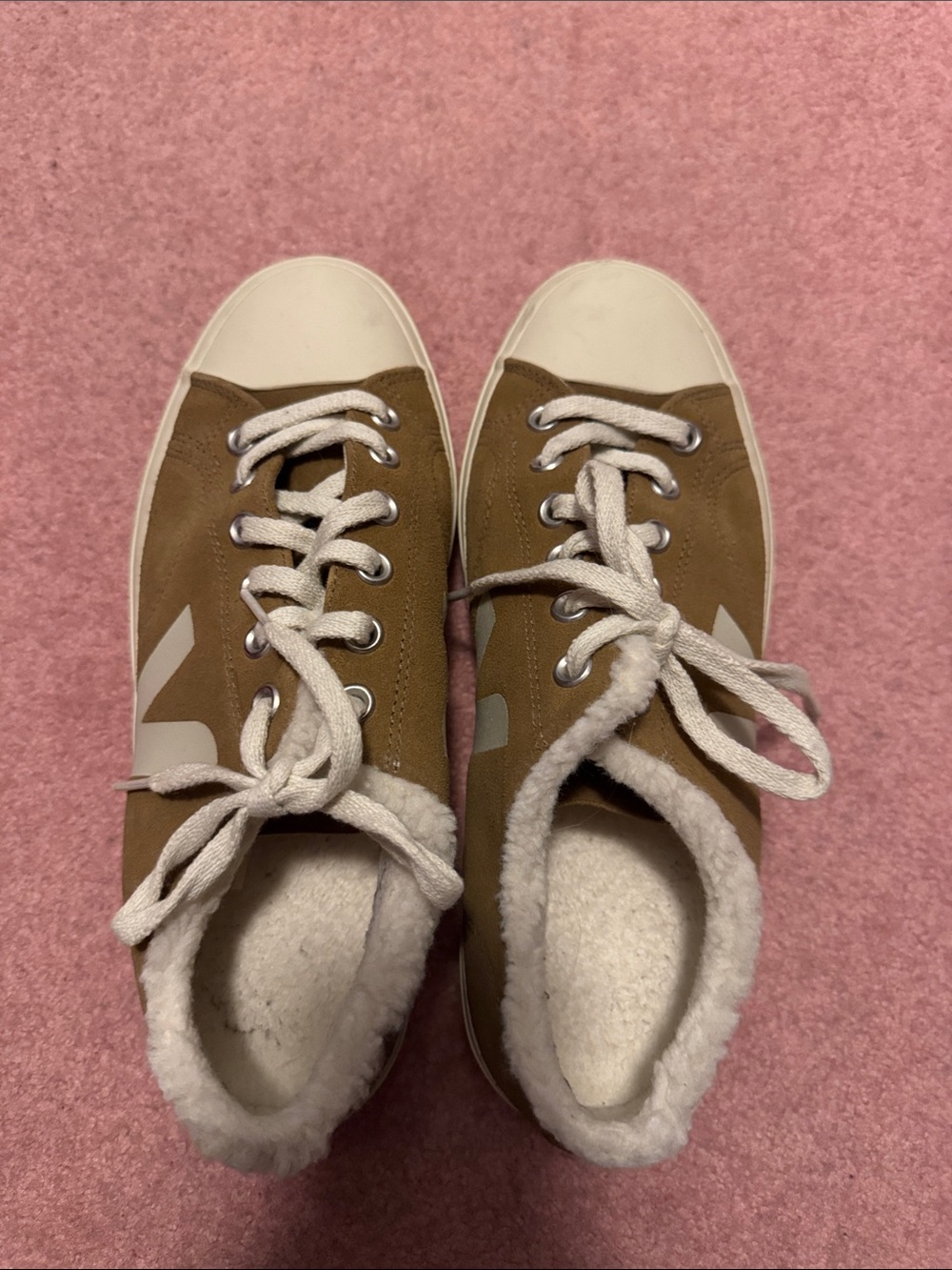Women's Casual Suede Lace-Up Sneakers in Brown with Sherpa Lining - Veja